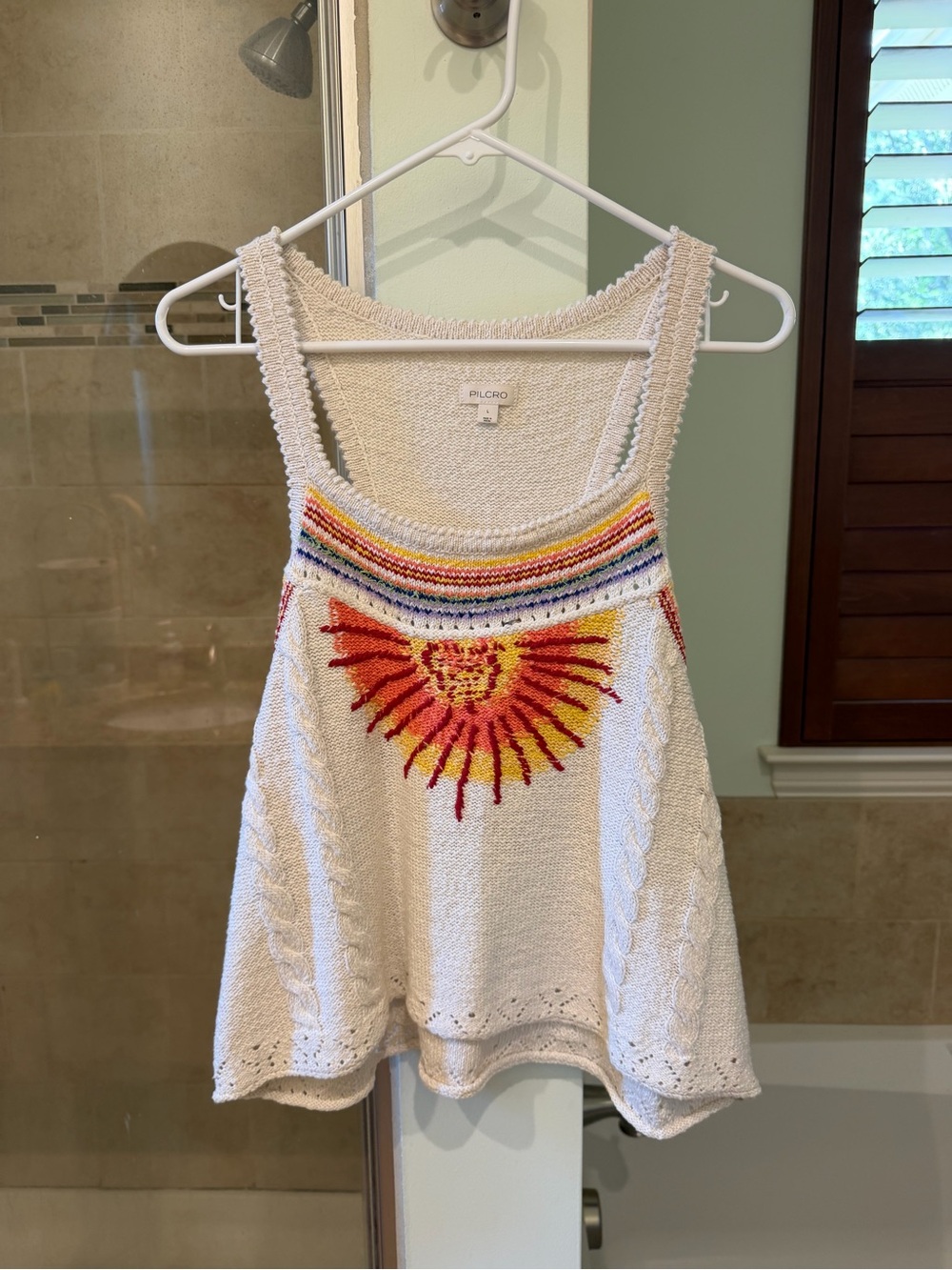 Pilcro Cream Knit Top with Rainbow Stripe Detail - L